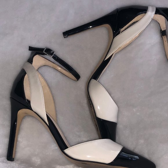 black and white pumps with ankle strap